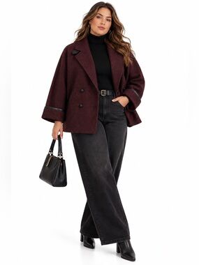 Vintage BHS Burgundy Wool Leather Trim Double-Breasted Cape Coat – Plus Size 18